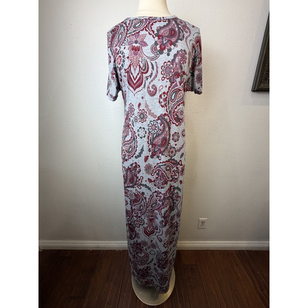 LuLaRoe Maria Gray Pink Red Paisley Print Maxi Dress Short Sleeves Sz M